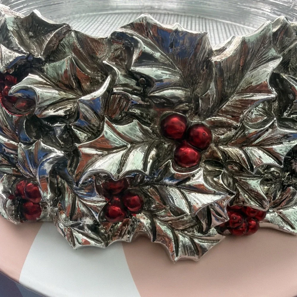 Pedestal Candle Holder Gold Holly Berries HomeWorx Harry Slatkin
